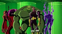 an animated image of two superheros standing next to each other in front of green and purple lights