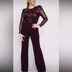 Sequin Long Sleeve Jumpsuit Size M Brand New W/ No Tag Beautiful Red Sequin Jumpsuit, Red Floral Print Jumpsuit With V-neck, Long Sleeve Jumpsuit, Lady In Red, Straight Leg, Long Sleeve Tops, Jumpsuit, Brand New, Long Sleeve