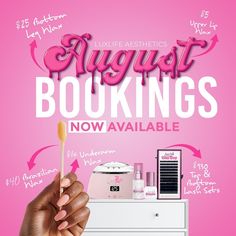 a person holding a toothbrush in front of a pink background with the words august bokings now available