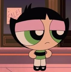 the powerpuff girl is standing in front of a building with her eyes closed