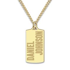 A lustrous high-polish, engravable dog tag pendant hangs handsomely around this stylish men's necklace. Fashioned in yellow gold-plated sterling silver, the 22-inch curb chain secures in place with a lobster clasp. Personalize with 2 lines of text. Line 1 - 18 letter max, Line 2, 8 letter max. Father's Day Gold Jewelry With Engraving Option, Gold Engraved Dog Tag Jewelry, Gold Polished Dog Tag Jewelry, Engraved Gold Dog Tag Jewelry, Personalized Gold Dog Tag Jewelry, Classic Gold Dog Tag Jewelry, Classic Gold Dog Tag Necklace, Classic Dog Tag Jewelry For Father's Day, Classic Engraved Dog Tag Necklace