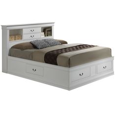 a white bed with drawers underneath it