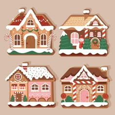 four gingerbread houses with candy canes on them