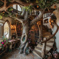 the interior of a tree house is decorated with flowers and bookshelves, as well as stairs