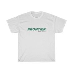 "Frontier Airlines Logo T-Shirt \"The current Frontier Airlines logo was unveiled in the fall of 2014. It looks like an italicized and slightly watered-down version of its predecessor. More importantly, it features the iconic \"F\" from the emblem created in 1978 by Saul Bass. Although the letter is now green instead of red, it creates a link with the former airline and also gives the design a truly unique touch.\" This heavy cotton tee has the classic cotton look and feel. Casual elegance will Fan Merchandise Cotton Logo T-shirt, Casual Fan Merchandise T-shirt With Logo, Fan Merchandise Logo T-shirt Crew Neck, Fan Merchandise Logo T-shirt With Crew Neck, Basic Logo T-shirt, Graphic Tee With Logo For Fan Merchandise, Fan Merchandise Graphic Tee With Logo, Fan Apparel Crew Neck Top With Logo, Basic Relaxed Fit Logo T-shirt