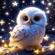 an owl sitting on top of a piece of wood with stars in the night sky