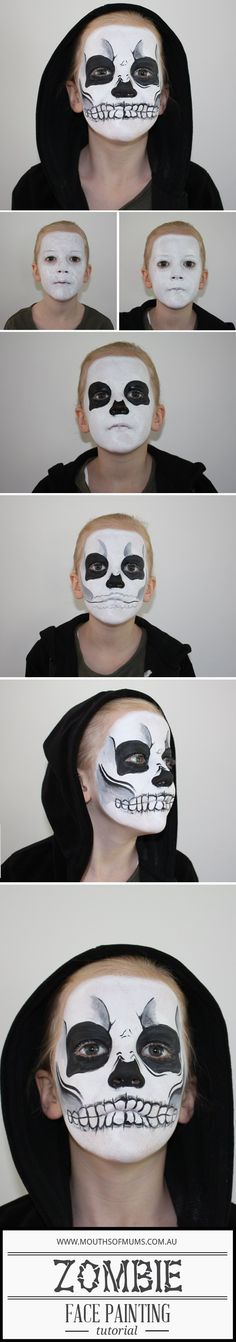 Zombie face painting tutorial for kids - great kids face painting ideas from MouthsofMums Zombie Face Painting, Face Painting Halloween Kids, Kids Halloween Face, Facial Painting, Bodysuit Tattoos, Face Painting For Boys