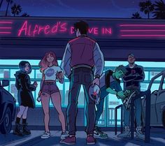 an animated image of people standing in front of a neon sign that reads, the alred's live in