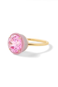 Make a statement day or night. This ring adds the perfect amount of sparkle to any occasion. Customize with your choice of round-shaped lab-created gemstone with matching two-tone colored enamel. Modern White Gold Enamel Ring, Formal Round Enamel Diamond Ring, Rose Gold Enamel Ring, Pink Gold Rings With Halo Setting, White Gold Enamel Round Rings, Pink Gold Halo Setting Ring, Anniversary Enamel Ring With Bezel Setting, Round Enamel Promise Ring, Elegant Pink Enamel Ring