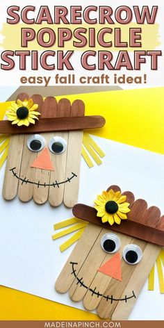 image with two popsicle stick scarecrows on a white and yellow background with brown text overlay Popsicle Stick Scarecrow, Scarecrow Craft, Harvest Crafts, Scarecrow Crafts, Kids Fall Crafts, Diy Popsicle, Fun Fall Crafts, Popsicle Crafts