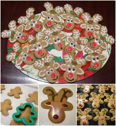 a plate full of christmas cookies with reindeer faces on them and the words brilliant an upside down gingerbread man = reindeer