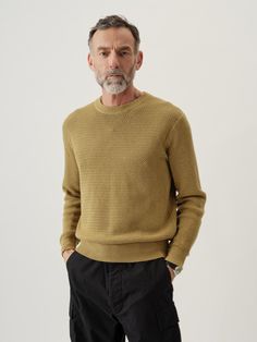 Rope-knit crewneck sweater in a hemp/cotton blend that wicks moisture and breathes easily. Saturn Return, Buck Mason, Artist Tees, Mens Fashion Sweaters, Men's Sweaters, Raw Denim, Cargo Pant, Khaki Color, Mens Spring