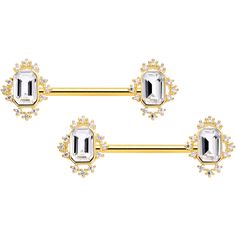 14 Gauge (1.6mm), 9/16" (14mm), Gold Tone PVD over 316L Surgical Grade Stainless Steel Straight Barbells, Sold as a Pair 14 Gauge 9/16 Clear Gem Gold Tone Regal Rectangle Nipple Ring Set Give your nipple piercings some regal style when you're rocking this 14 gauge nipple jewelry! It's made with 14mm gold tone PVD over 316L surgical grade stainless steel straight barbells. Each of the ends features a large clear gem charm, shaped like a rectangle. The rectangle is embellished along the edges with Dermal Piercing Jewelry, Regal Style, Dermal Piercing, Tongue Rings, You Rock, Belly Rings, Piercing Jewelry, Ring Set, Body Jewelry