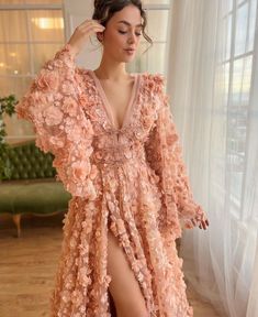 Luxury Feminine Peach Dress, Designer Peach Dress With Intricate Embroidery, Peach Ball Gown, Peach Dress With Intricate Embroidery For High Fashion, Elegant Peach Floor-length Gown, Luxury Embroidered Peach Lehenga, Peach Prom Dresses, Peach Outfit, Bow Embellishments