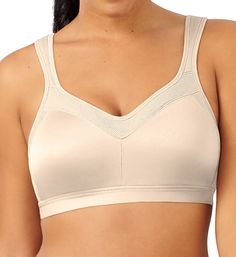 This wireless sports bra is both comfortable and supportive. The cups feature moisture wicking fabric that provides breathability and keeps you dry. Molded, wireless cups are unlined (unpadded), with side support slings for extra support. Seamless wireless cups with a sleek frame. Soft textured underband reduces chafing. Arched center panel at underband - more comfortable if you have a high tummy. Seamless sides for a smooth look under clothes. Cushioned, center-pull No-Slip stay-put straps prev Best Plus Size Bras, Playtex Bras, Wireless Sports Bra, Most Comfortable Bra, Comfortable Bra, Eileen West, Plus Size Bra, Wireless Bra, Active Lifestyle