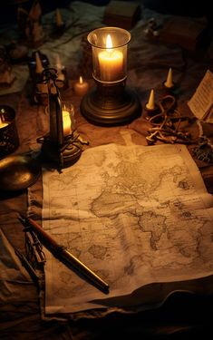 an old world map and some candles on a table