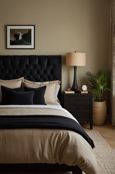 a bedroom with a black headboard and tan bedding