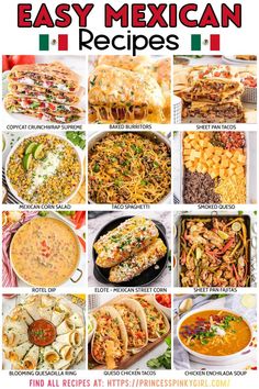 mexican food is shown with the title easy mexican recipes in it's middle frame