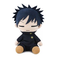 a stuffed toy with black hair and blue eyes