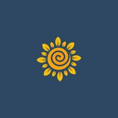 the sun logo on a dark blue background with yellow and orange accents, as well as an image of a spiral in the center