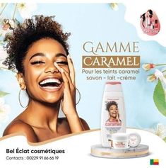 an advertisement for gamme caramel with a woman smiling and holding her hand to her face