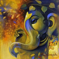 an elephant painted in blue and yellow with leaves on it's trunk is shown