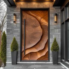 a wooden door with two planters on the side and an artistic design in front