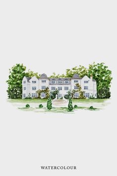 watercolor painting of a large white house with trees in the front and green bushes on the side