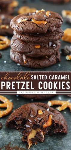 chocolate salted caramel pretzel cookies are stacked on top of each other