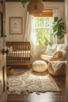 a baby's room with a crib, chair and rug