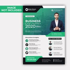 a green and black business flyer template with an image of a man in a suit