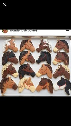 decorated cookies in the shape of horses on a tray