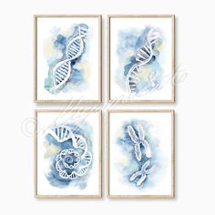 four watercolor paintings of blue and white spirals on paper, each with an animal's tail