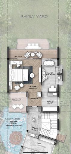 the floor plan for a modern house with an outdoor pool and hot tub in it