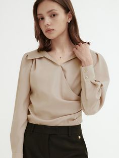 Composition : POLY 100Color : Light beige, BeigeCountry of Origin : KOREA Versatile Beige V-neck Blouse, Beige V-neck Blouse For Office, Beige Office Lady Tops, Chic Taupe V-neck Top, Beige Office Lady Blouse For Workwear, Beige Collared Top For Office, Beige Collar Blouse For Office, Beige Fall Blouse For Workwear, Beige Office Lady Blouse