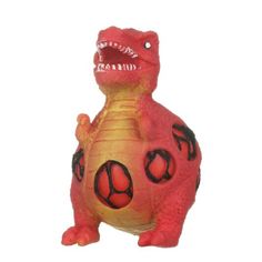 a red and yellow toy dinosaur with large teeth on it's head, sitting in front of a white background