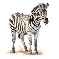 a zebra is standing in the dirt on a white background