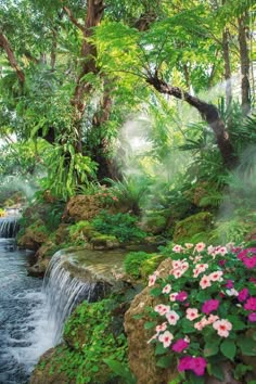 a stream running through a lush green forest filled with lots of flowers and greenery