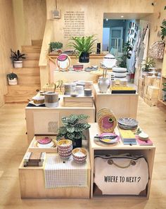 a room filled with lots of different types of items and plants on shelves next to each other