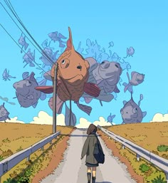 a person walking down a road with fish on the wall behind them and an image of a giant fish above it