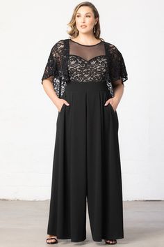 Make a sparkling entrance in our Alluring Sequins Jumpsuit. This elegant plus size jumpsuit features a black sequined lace bodice, illusion sweetheart neckline, cape sleeves, and pleated wide leg pants with hidden pockets. A center back zipper allows you to easily step into this cocktail pant suit. Plus Size Pants Outfits Dressy, Sequins Jumpsuit, Wide Leg Pleated Pants, Bride Jumpsuit, Jumpsuit And Cardigan, Elegant Plus Size, Chic Cardigan, Formal Jumpsuit, Jumpsuit Dressy