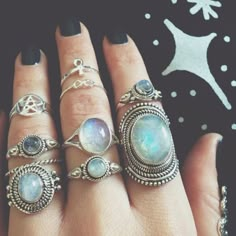 Witchy Rings, Different Rings, Moonstone Jewellery, Jingle Jangle, Strega Fashion, Witchy Boho, Boho Grunge, Mood Ring, Mixed Metal Jewelry