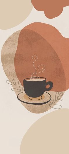 a coffee cup with steam rising out of it on a saucer in front of an abstract background