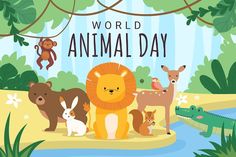 an animal day poster with various animals and trees in the background, including a lion