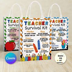 two paper bags with the words teacher's survival kit and an apple on them