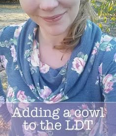 a woman wearing a flowered shirt with the words adding a cow to the lid