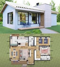 the floor plan for a small house with two rooms and an attached kitchen, living room and dining area