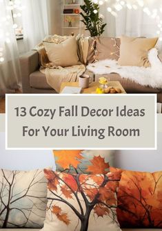 living room with couches and pillows that have fall leaves on them