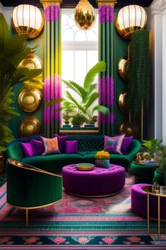 a living room filled with lots of green furniture and colorful curtains on the windowsill