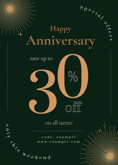 a black and gold 30th anniversary sale sign with the words happy anniversary save up to 30 % off on all items